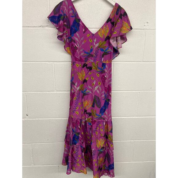 Tanya Taylor Sz 4 Pink Leaves Floral Print Silk Ruffled Hi-Low Wrap Midi Dress - Picture 6 of 7